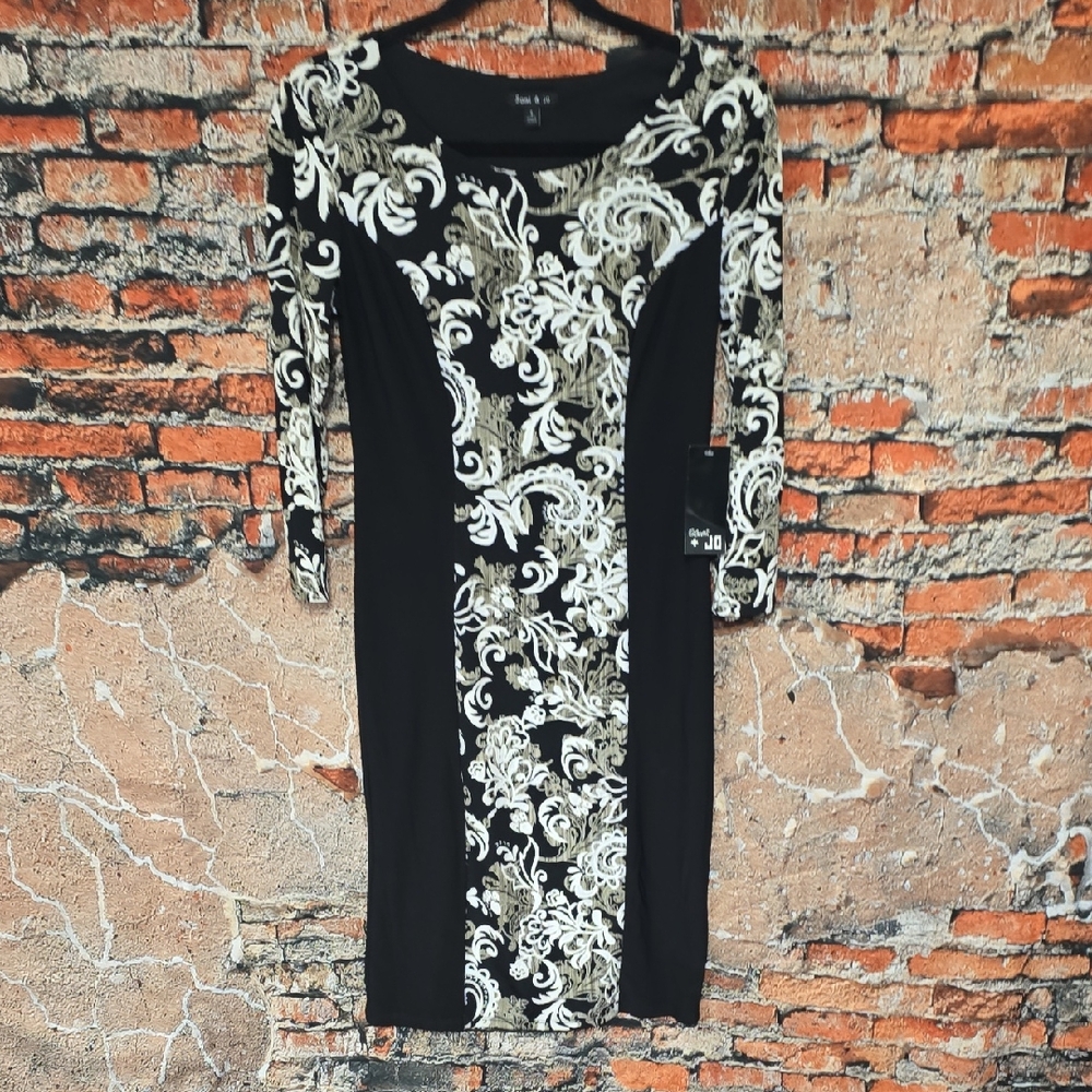 Sami & Jo Black Optical Illusion Sheath Dress Floral Damask Scroll Print